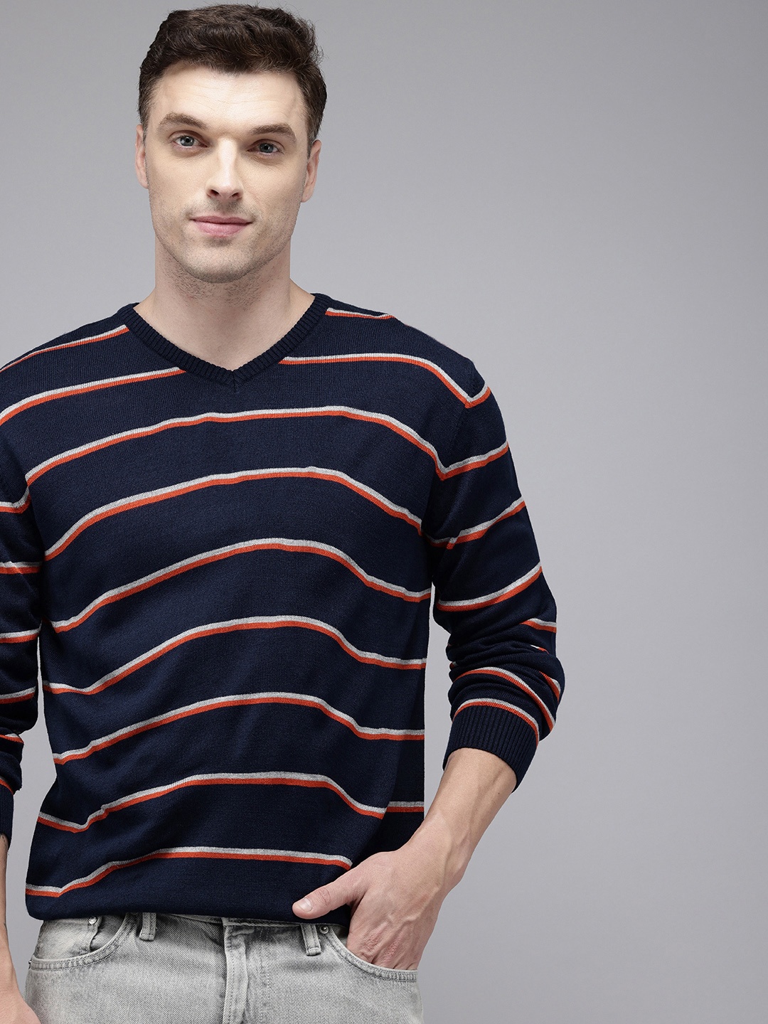 

Park Avenue V-Neck Striped Pullover Sweater, Navy blue