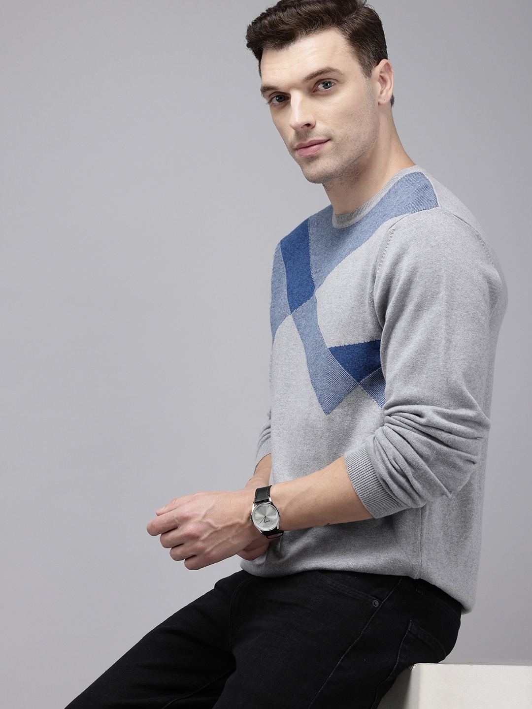 

Park Avenue Geometric Self Design Pure Cotton Slim Fit Pullover, Grey