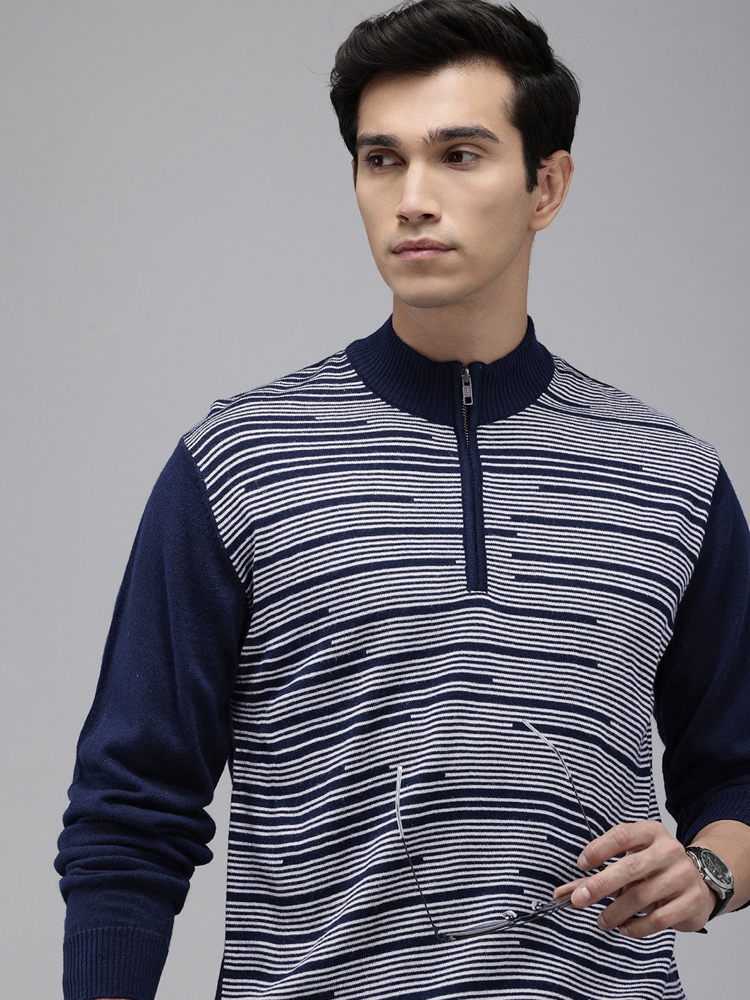 

Park Avenue Slim Fit Mock Collar Striped Pullover Sweater, Navy blue