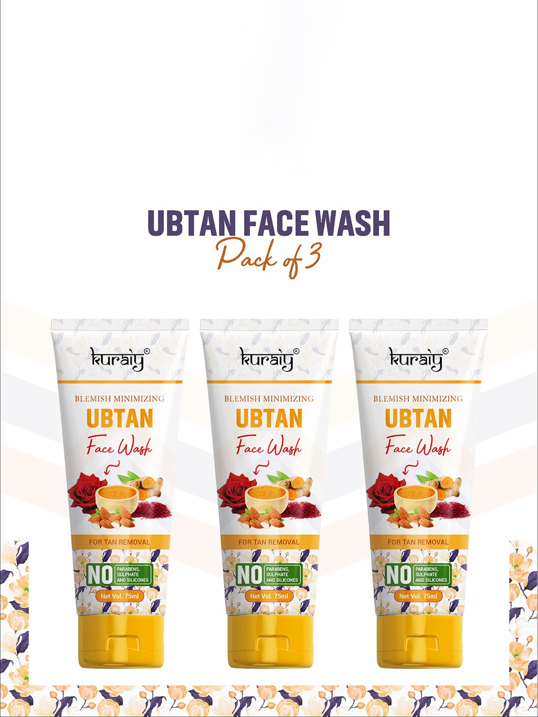 

KURAIY Ubtan Pack of 3 Skin Brightening Natural Face Wash -75ML Each, White