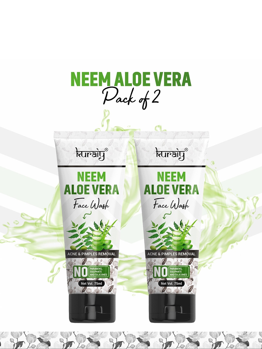 

KURAIY 100% Safe Set Of 2 Neem Aleo Vera Face Wash -75ml Each, White