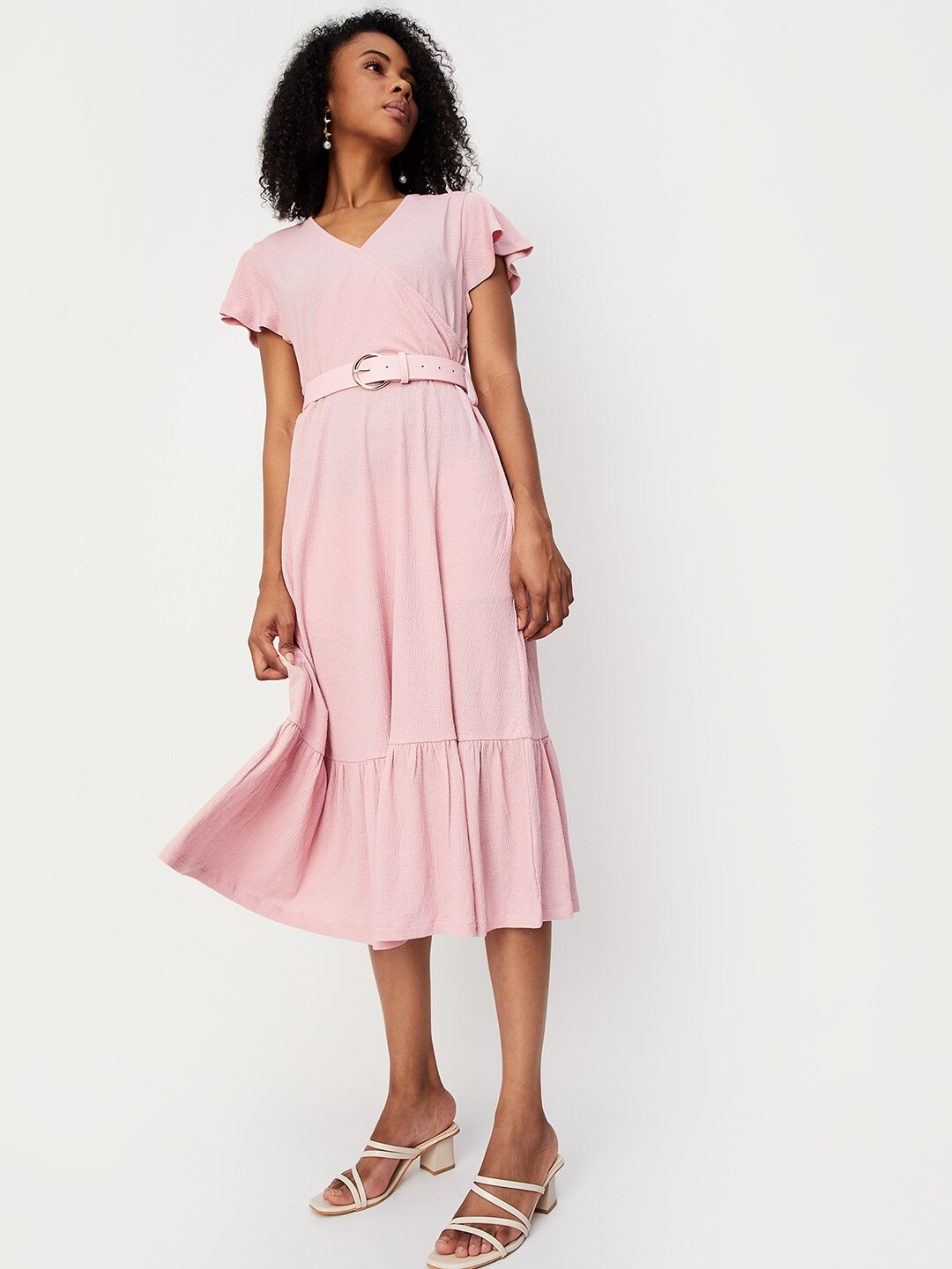 

max V-neck Flutter Sleeves Wrap Dress, Pink