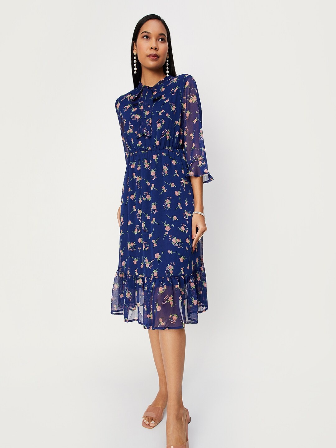 

max Floral Printed Tie-Up Neck A-Line Dress, Blue
