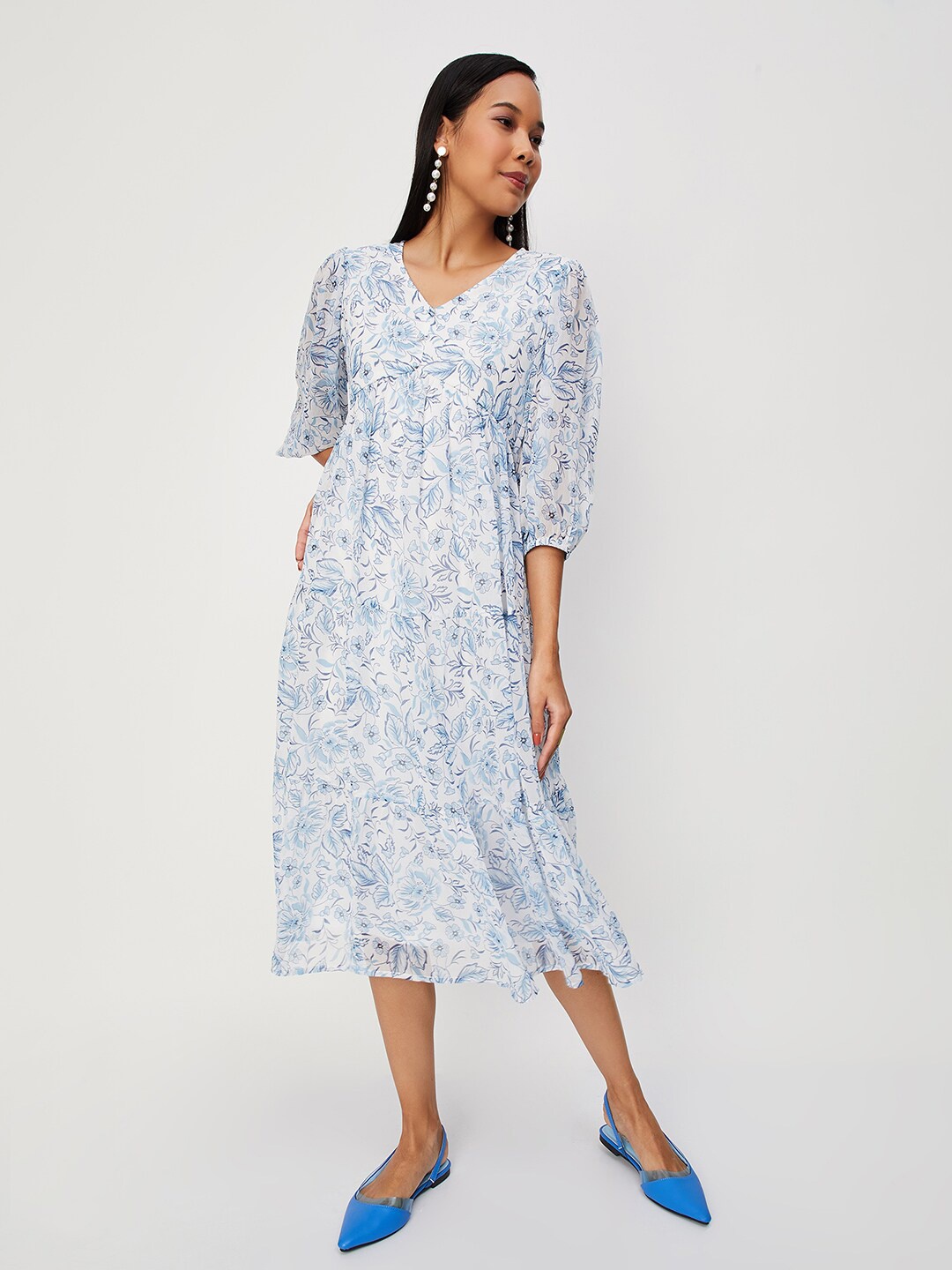 

max Floral Printed V-Neck Dress, White