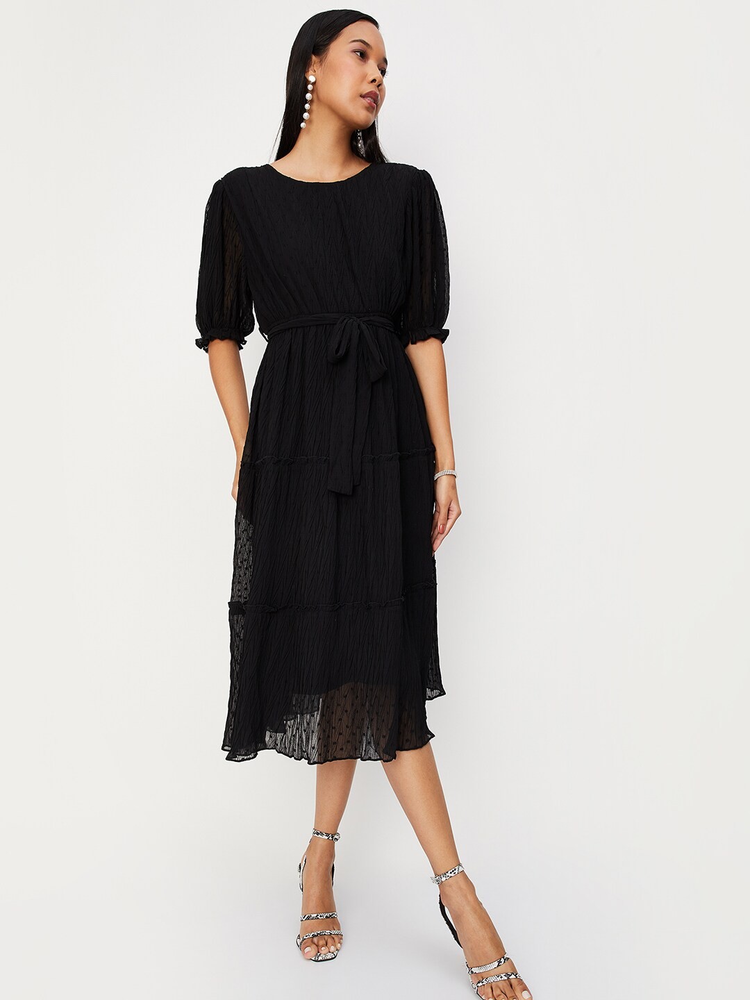 

max Self Design Puff Sleeves Belted A-Line Midi Dress, Black