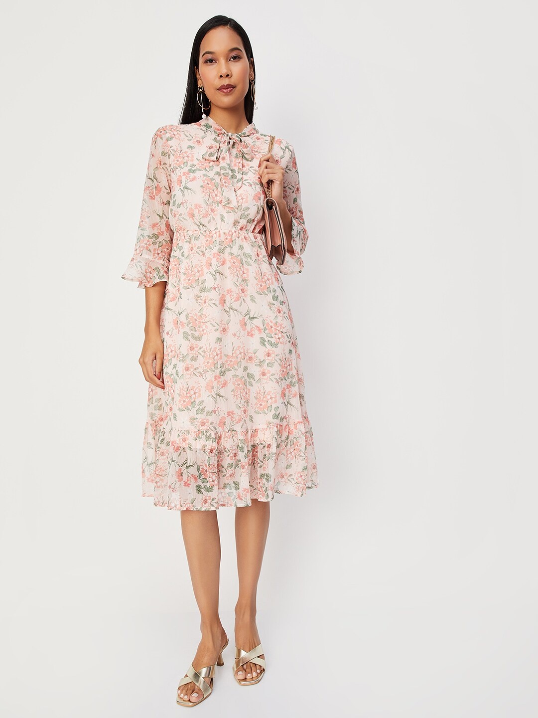 

max Floral Printed Tie-Up Neck Fit and Flare Dress, Pink