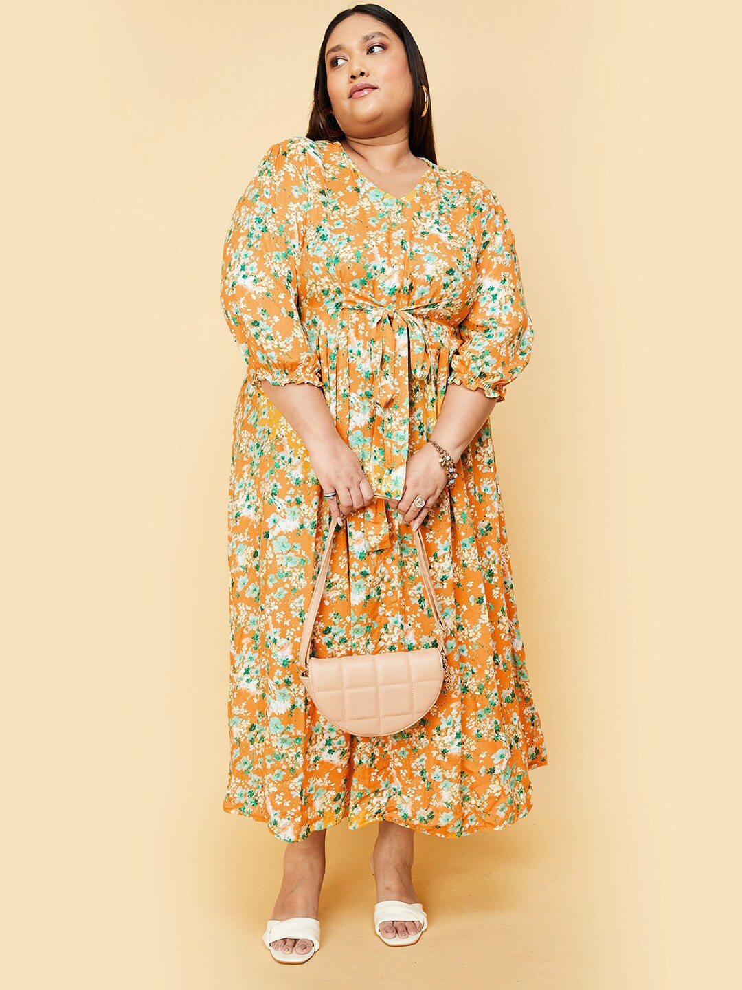 

max Floral Printed V-Neck Fit & Flare Dress, Orange