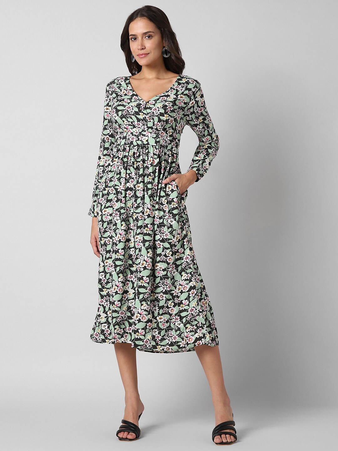 

Pantaloons Floral Printed V-Neck Tiered A-Line Midi Dress, Black