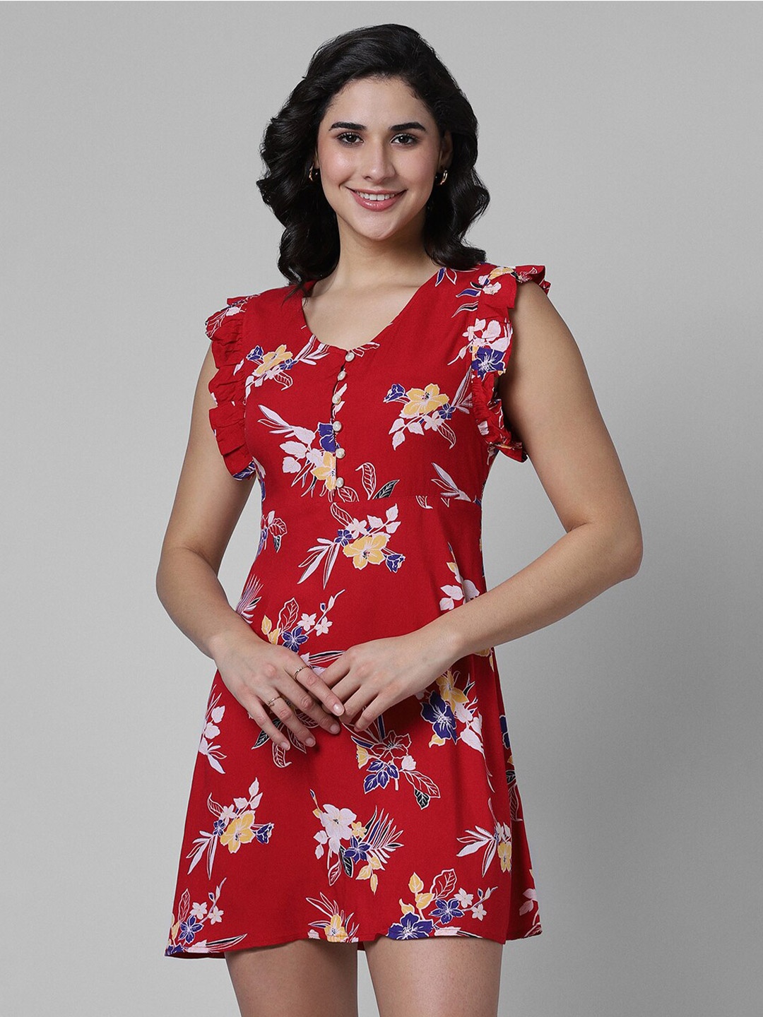 

Pantaloons Floral Printed V-Neck Flutter Fit & Flare Mini Dress, Red