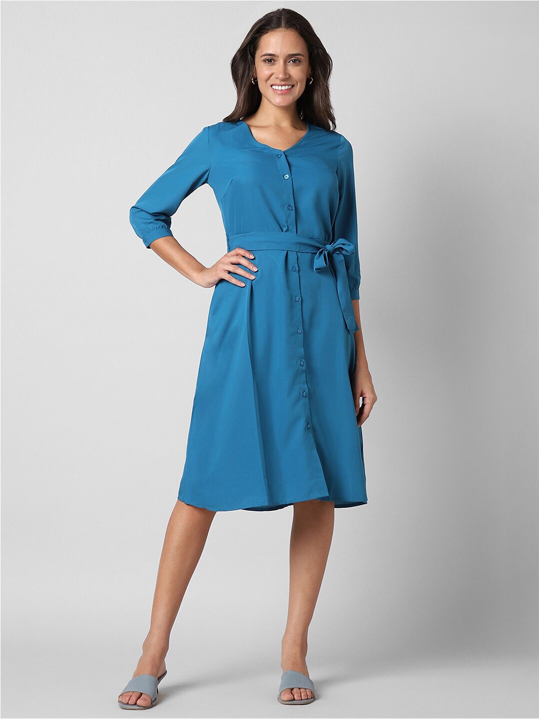 

Pantaloons V-Neck Cuffed Sleeves Tie-Up Detail A-Line Dress, Blue