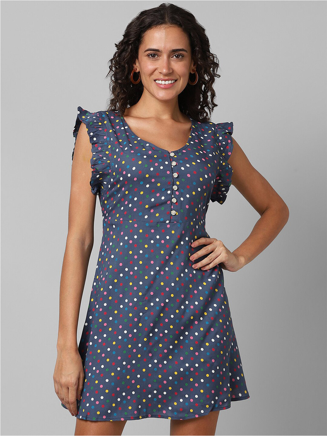 

Pantaloons Polka Dot Printed Flutter Sleeves A-Line Dress, Blue