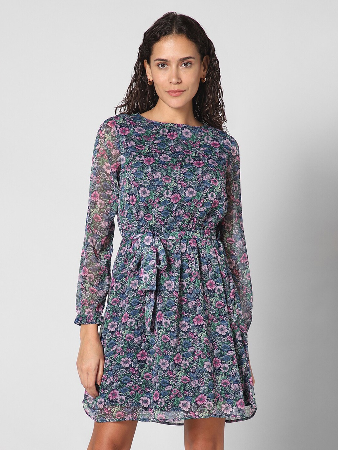 

Pantaloons Floral Printed Boat Neck Tie-Ups Fit & Flare Dress, Blue