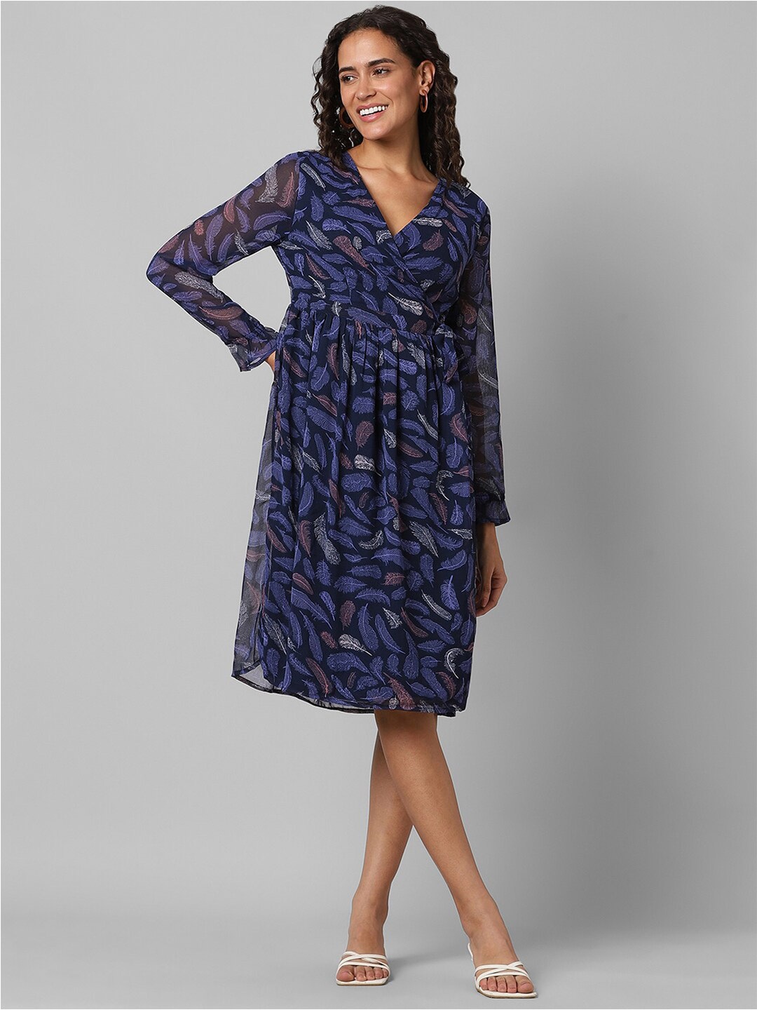 

Pantaloons Floral Printed V-Neck Wrap Knee Length Dress, Navy blue