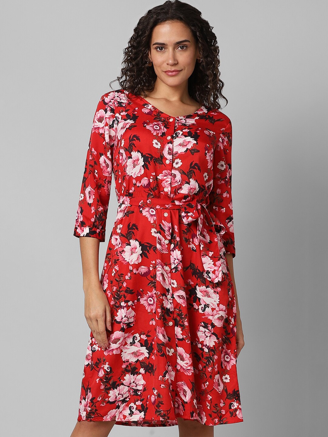 

Pantaloons Floral Printed V-Neck Fit & Flare Dress, Red