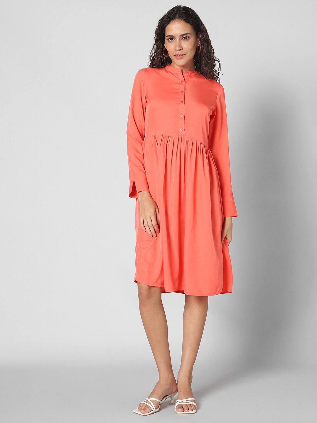 

Pantaloons Mandarin Collar Gathered Fit & Flare Dress, Peach