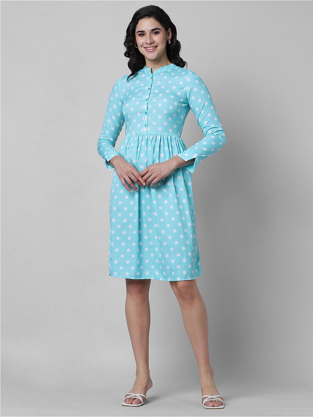 

Pantaloons Polka Dot Printed Mandarin Collar Fit & Flare Dress, White