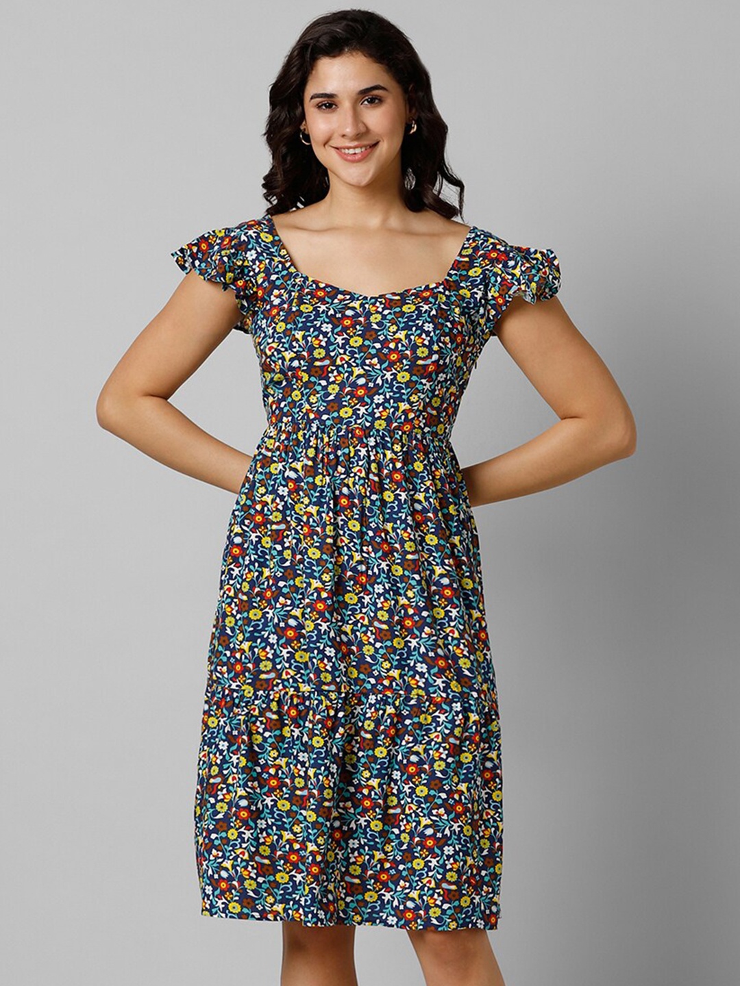 

Pantaloons Floral Printed Flutter Sleeves A-Line Dress, Navy blue