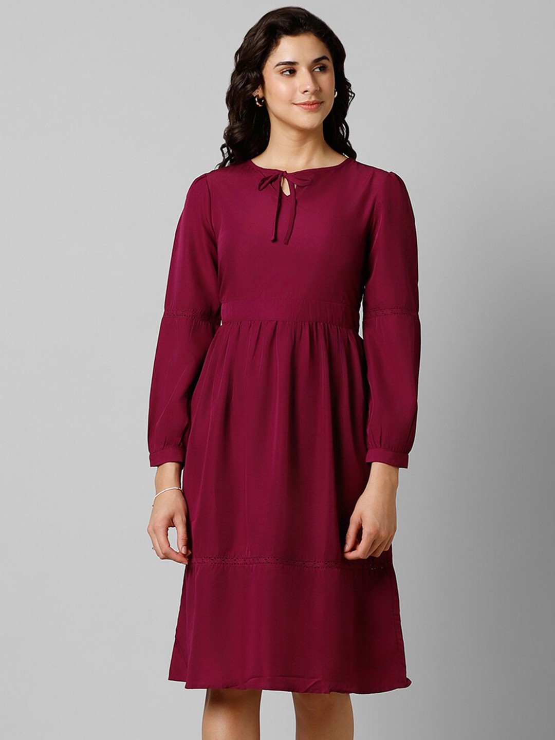 

Pantaloons Tie-Up Neck Puff Sleeve Fit & Flare Dress, Maroon