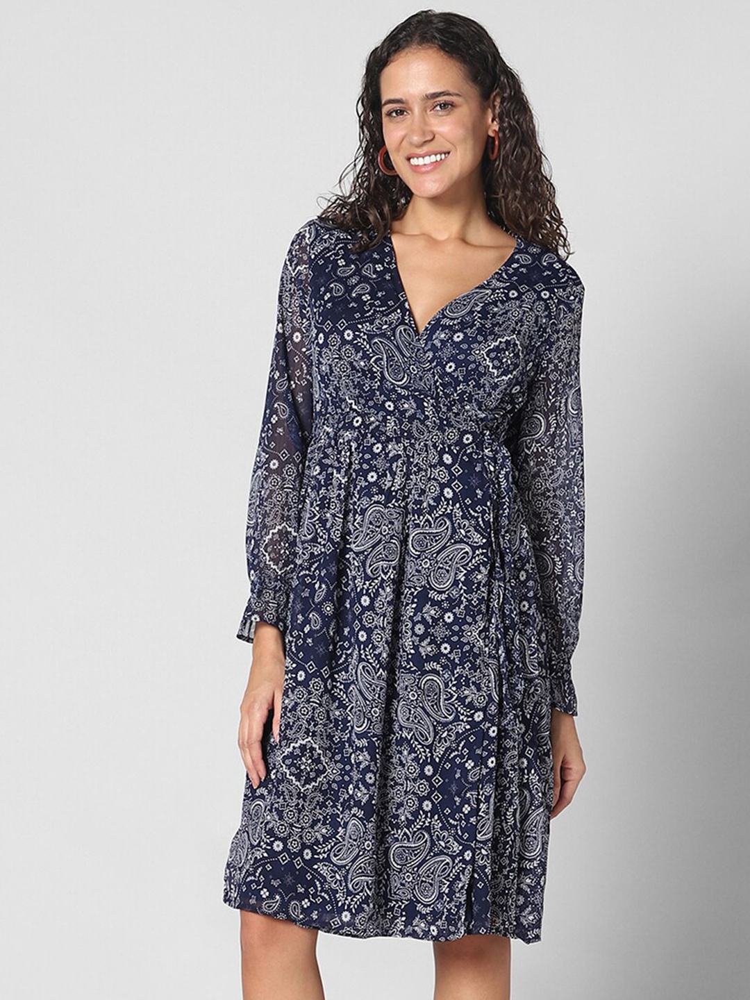 

Pantaloons Floral Printed Puff Sleeves Warp Dress, Blue