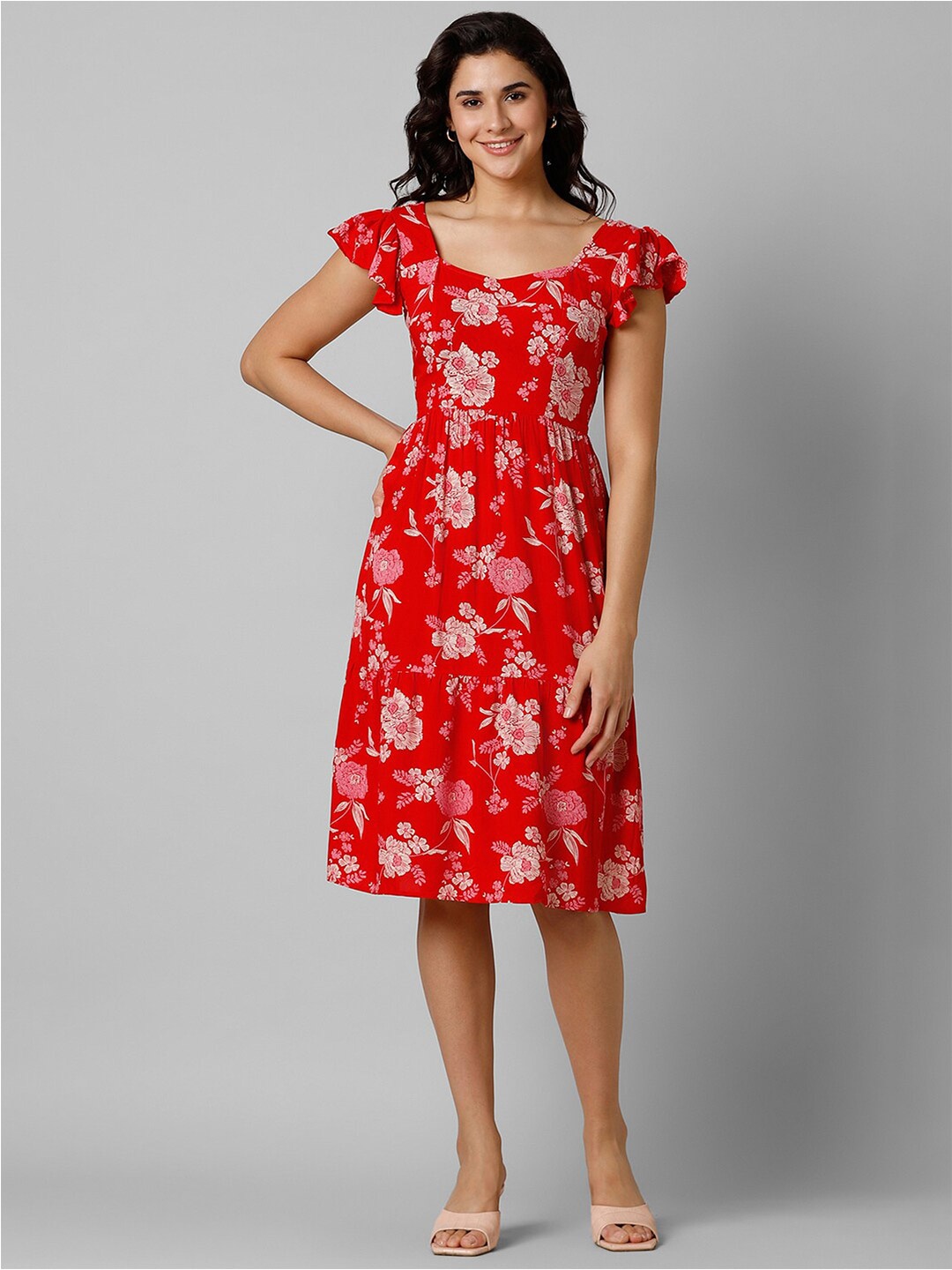 

Pantaloons Floral Printed Sweetheart Neck Flutter Sleeves Fit & Flare Dress, Red