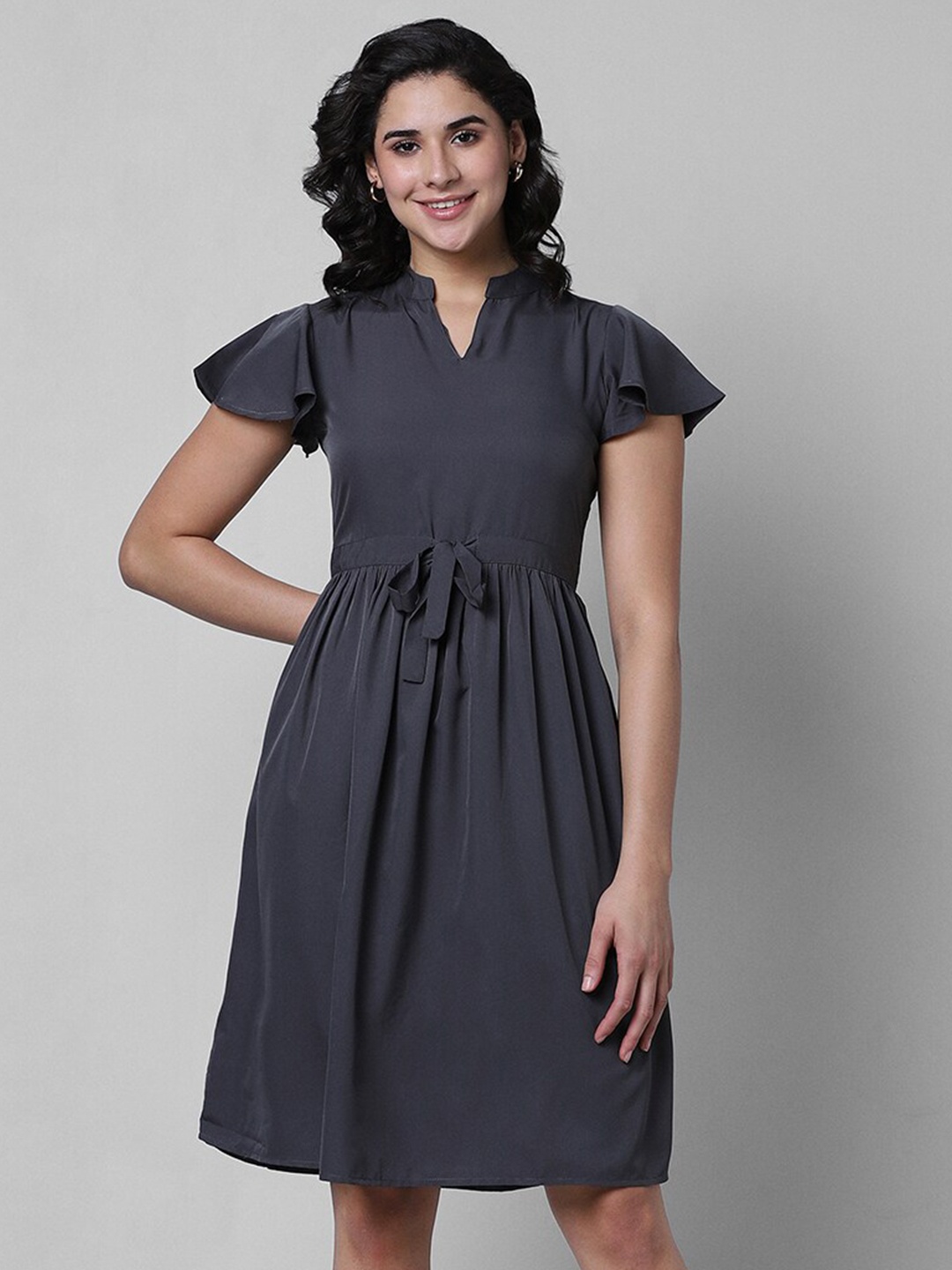 

Pantaloons Mandarin Collar Flared Sleeves Tie-Ups Fit & Flare Dress, Grey