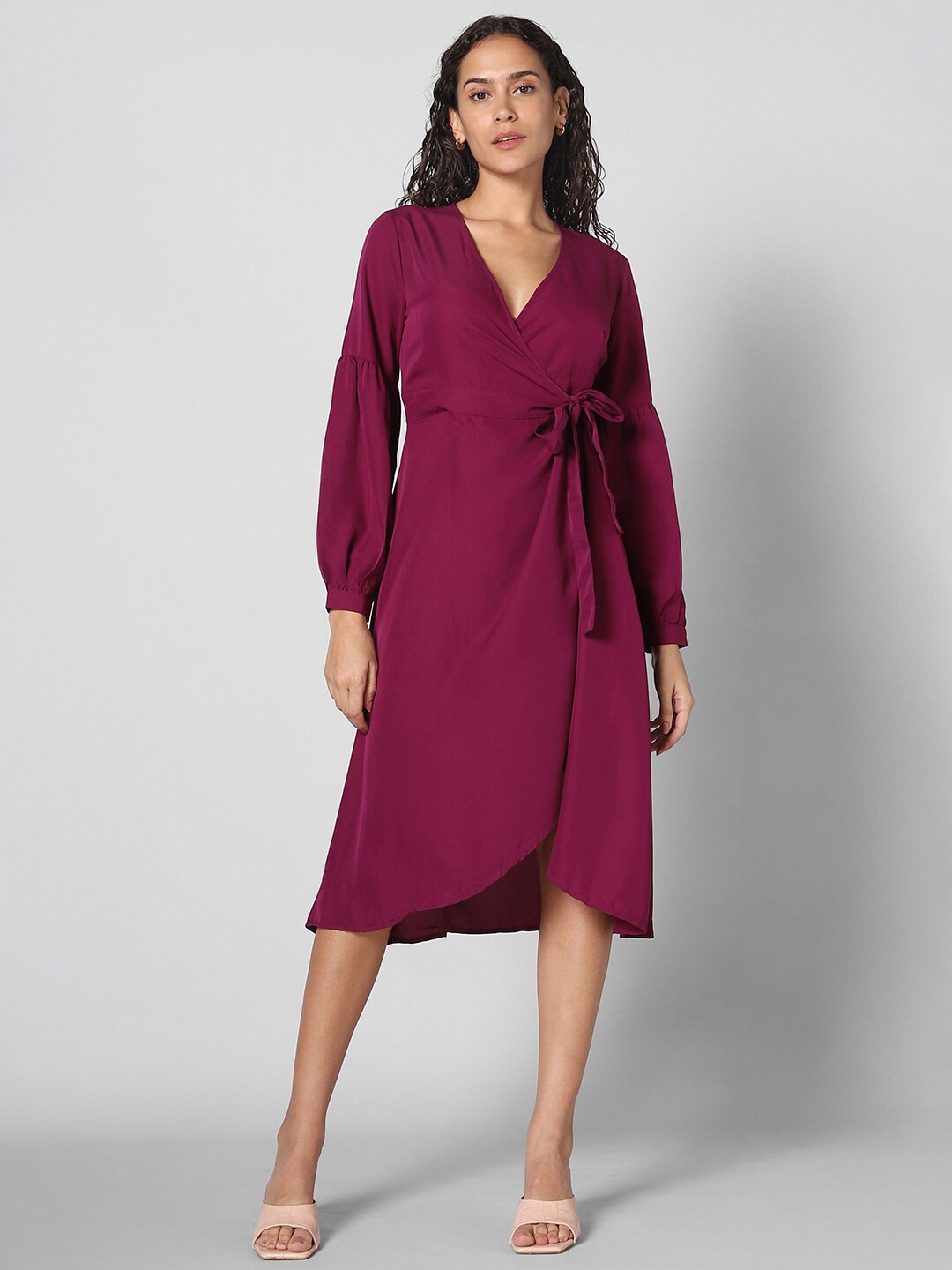 

Pantaloons Puff Sleeve Midi Wrap Dress, Burgundy