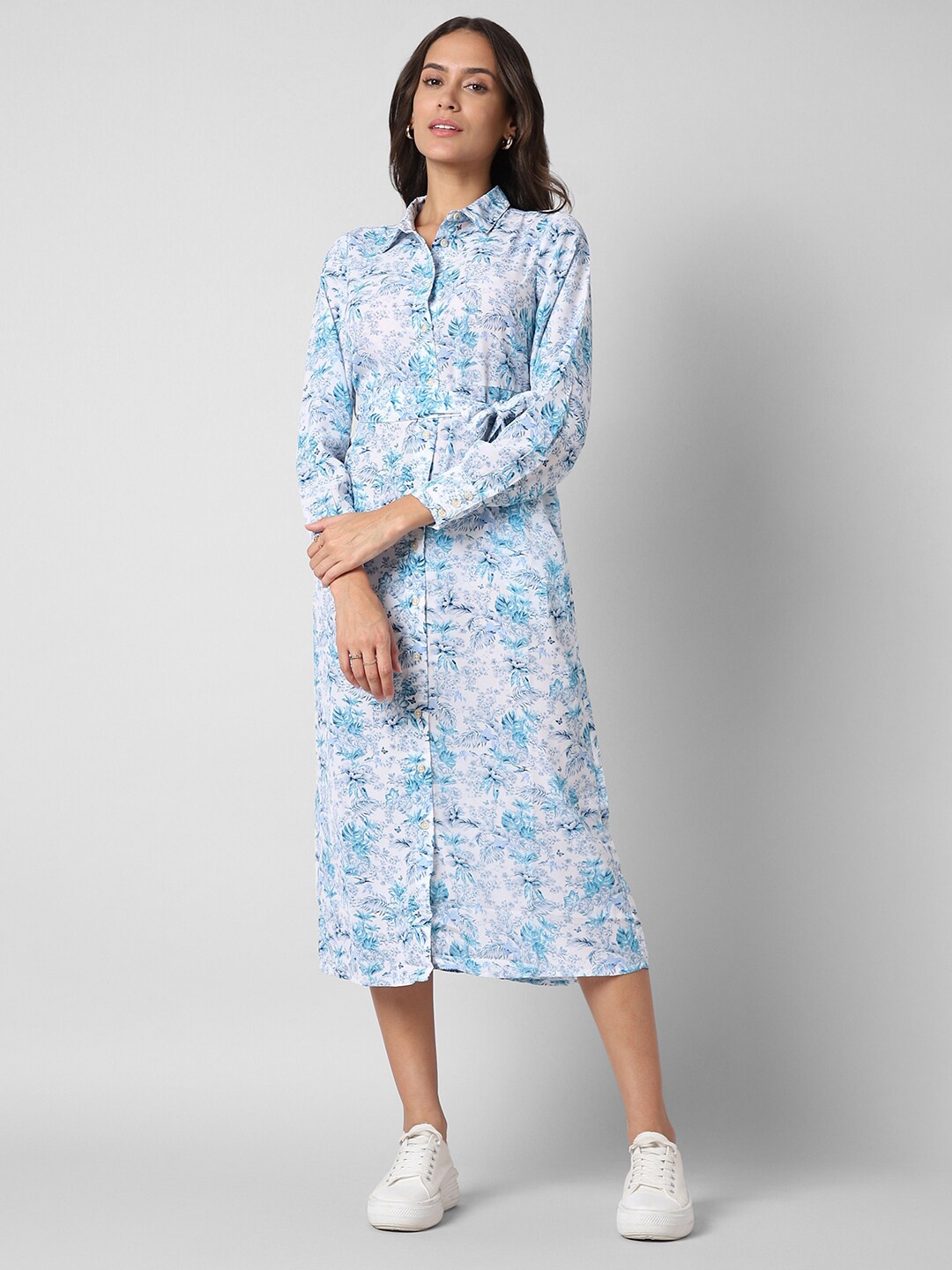 

Pantaloons Floral Printed Cuffed Sleeve Belted Midi Shirt Dress, White