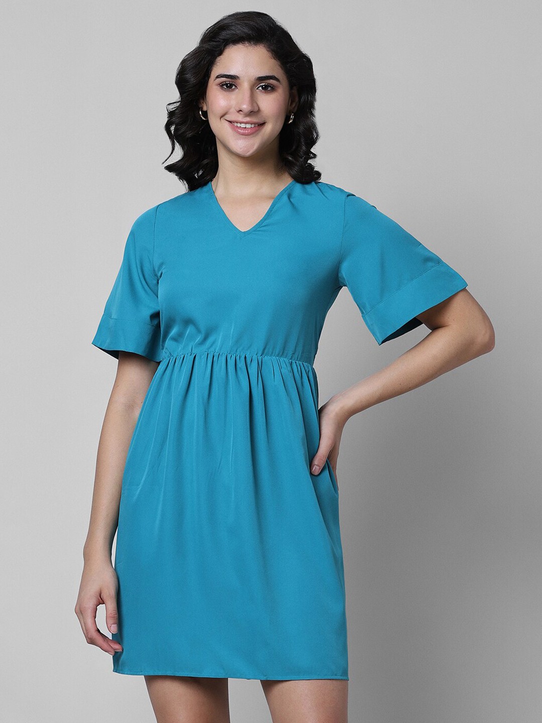 

Pantaloons V-Neck Flared Sleeve Fit & Flare Dress, Teal