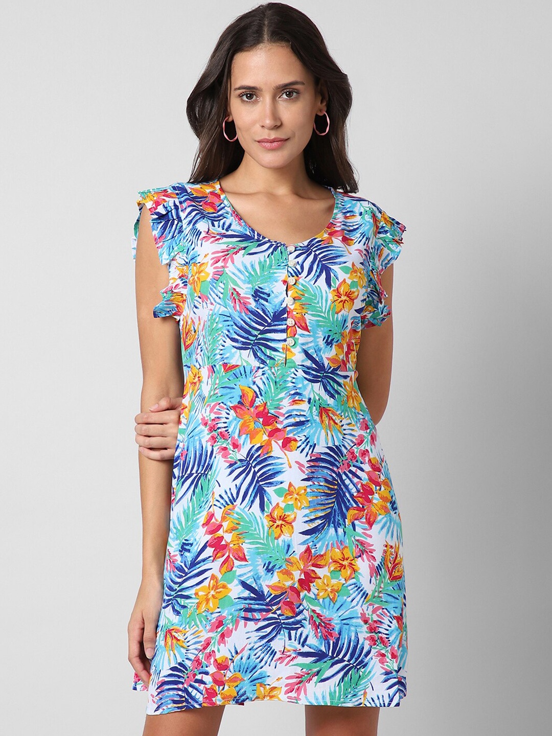 

Pantaloons Tropical Printed Flutter Sleeve A-Line Dress, White