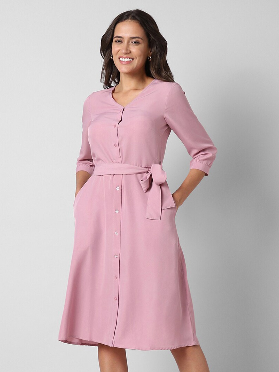 

Pantaloons V-Neck Knee Length A-Line Dress, Pink