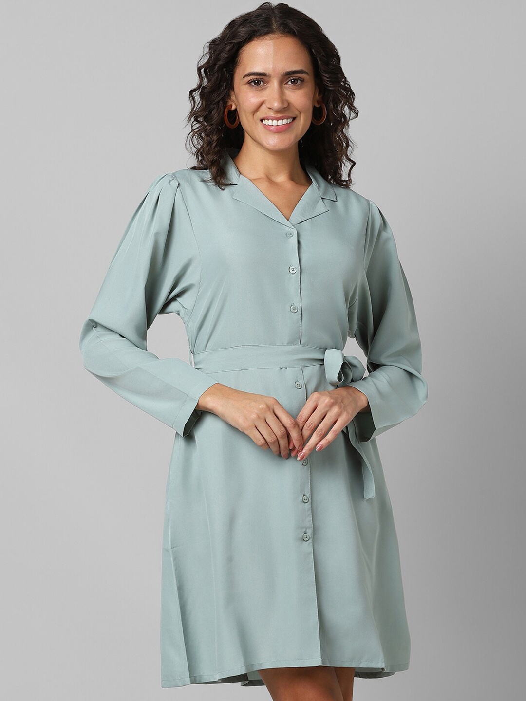 

Pantaloons Puff Sleeve Waist Tie-Ups Shirt Dress, Green