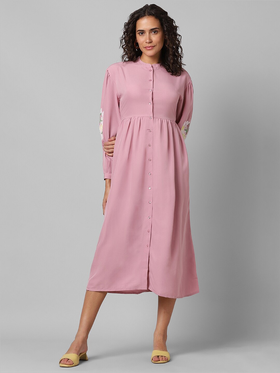 

Pantaloons Mandarin Collar Puff Sleeves Pleated A-Line Midi Dress, Pink