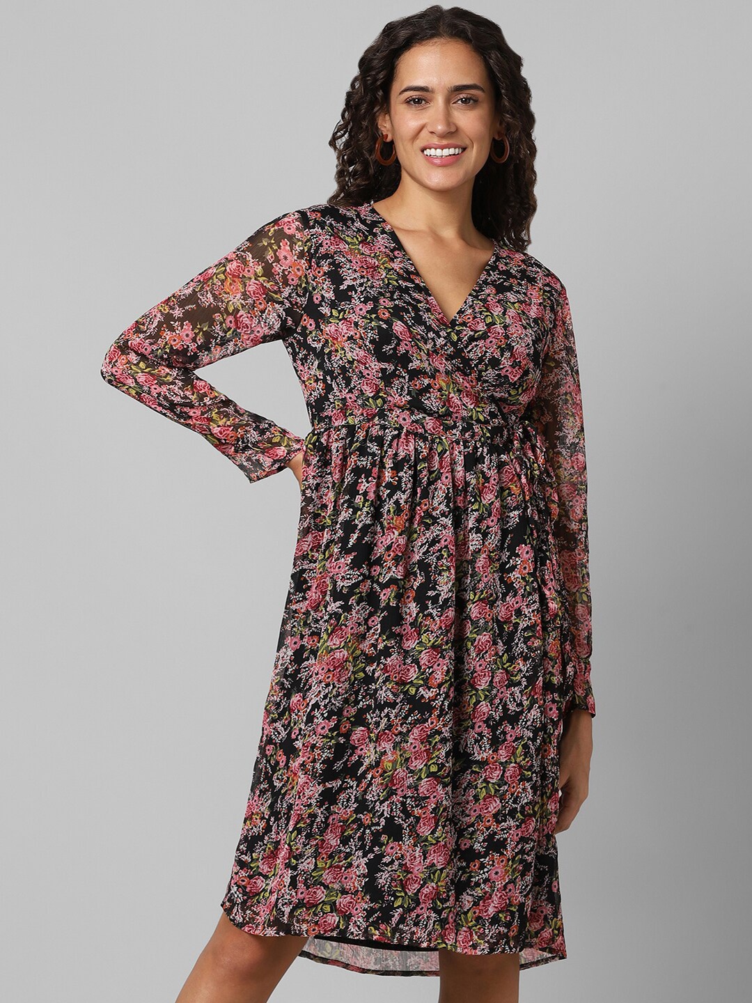 

Pantaloons Floral Printed V-Neck Wrap Dress, Black