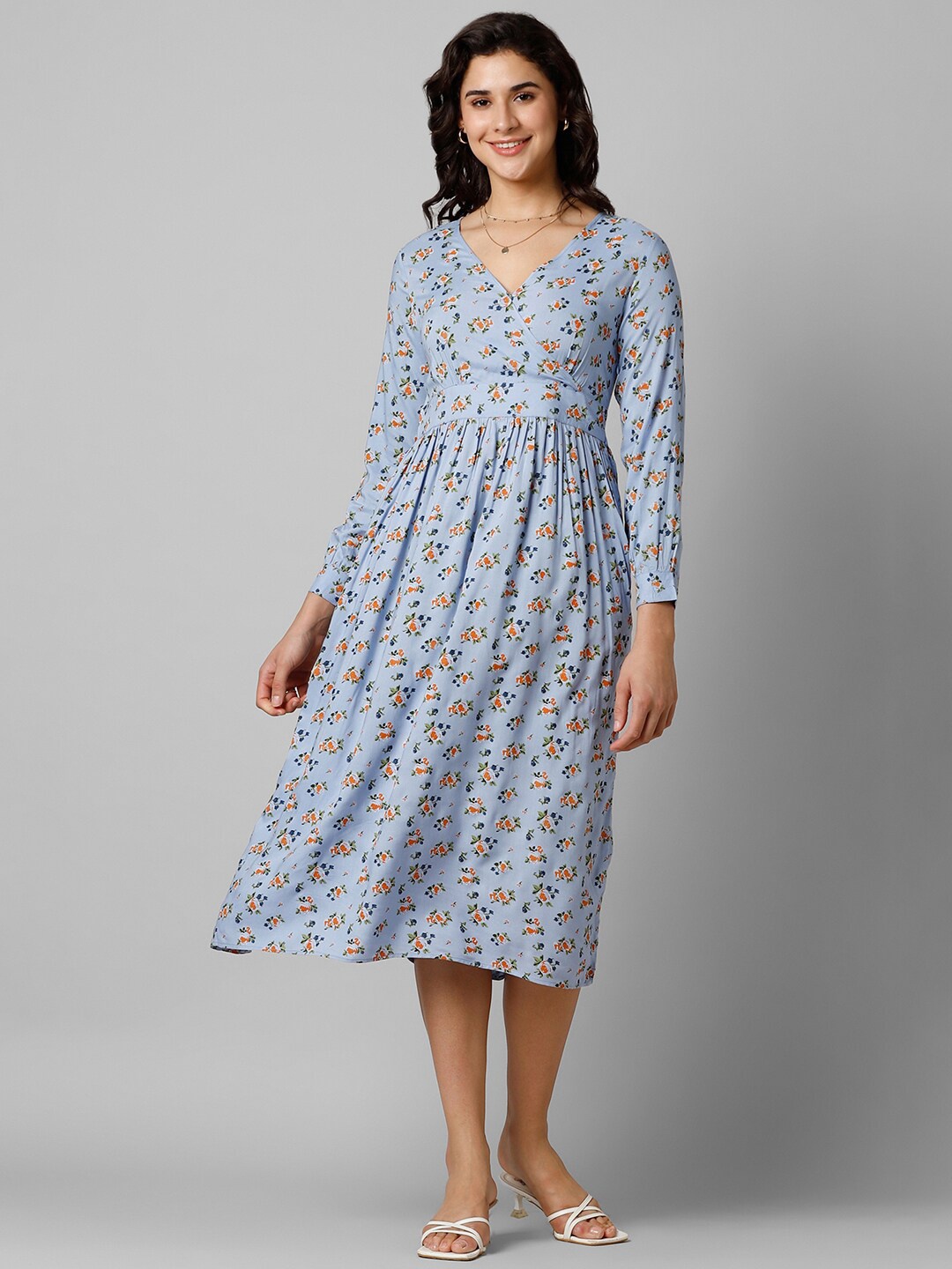 

Pantaloons Floral Printed Cuffed Sleeves Gathered Fit & Flare Midi Dress, Blue