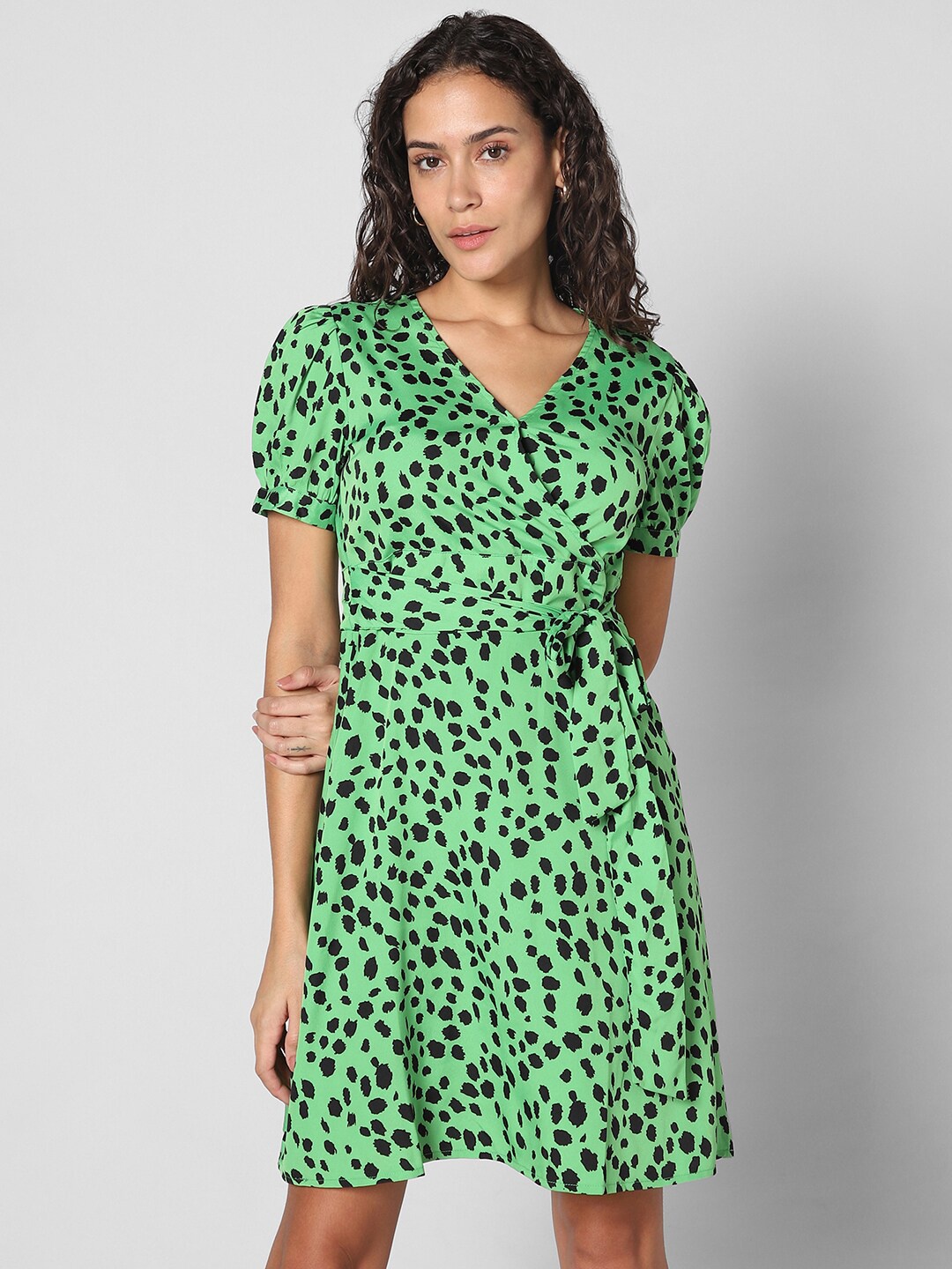 

Pantaloons Abstract Printed Puff Sleeves Tie-Ups Detail A-Line Mini Dress, Green