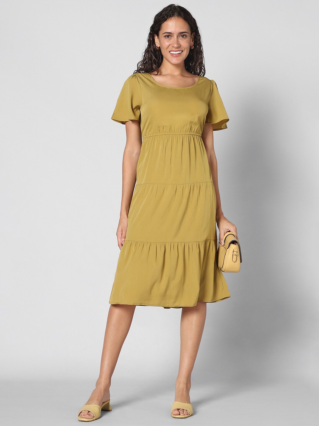 

Pantaloons Flared Sleeves Tiered A-Line Midi Dress, Mustard