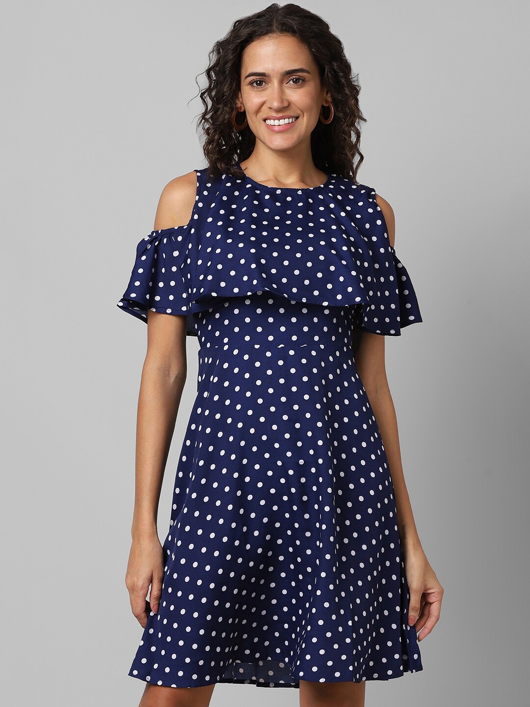 

Pantaloons Polka Dot Printed Cold-Shoulder Shoulder Fit & Flare Dress, Navy blue