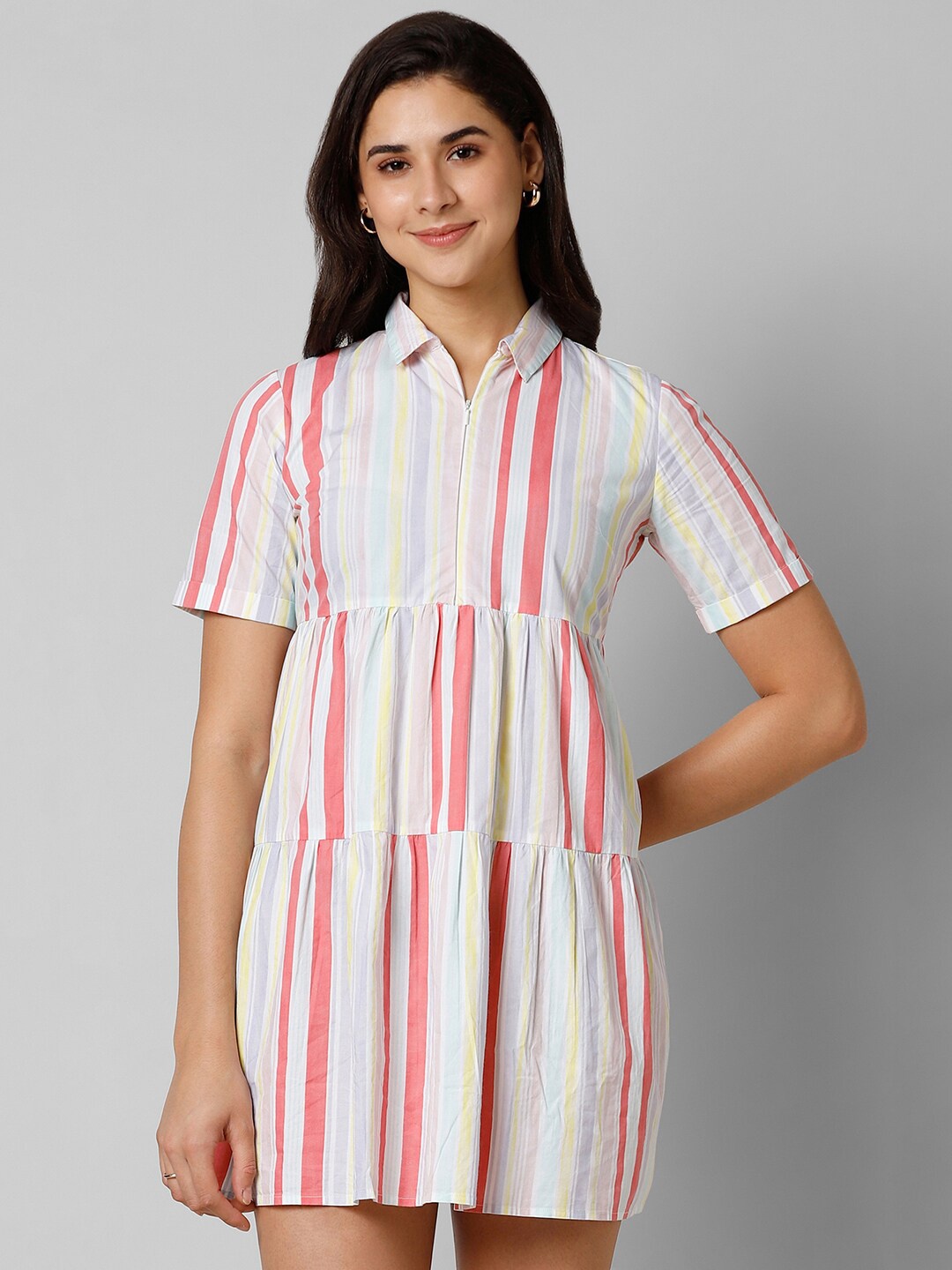 

Pantaloons Striped Shirt Collar Pure Cotton Fit & Flare Dress, White