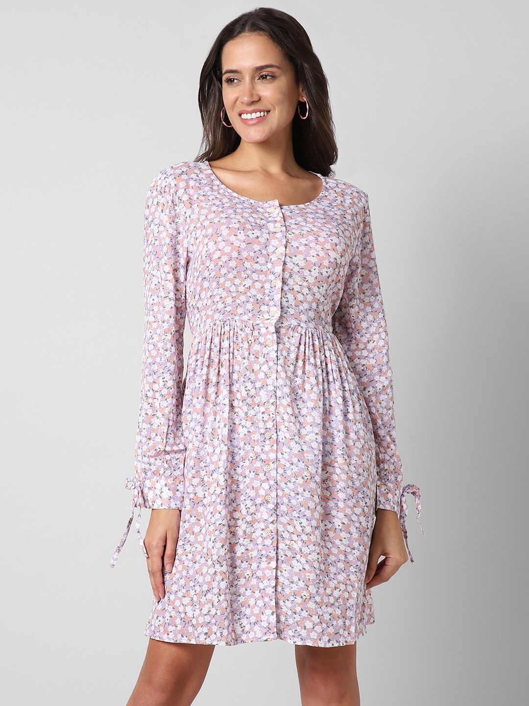 

Pantaloons Floral Printed Cuffed Sleeves Gathered Fit & Flare Dress, Pink