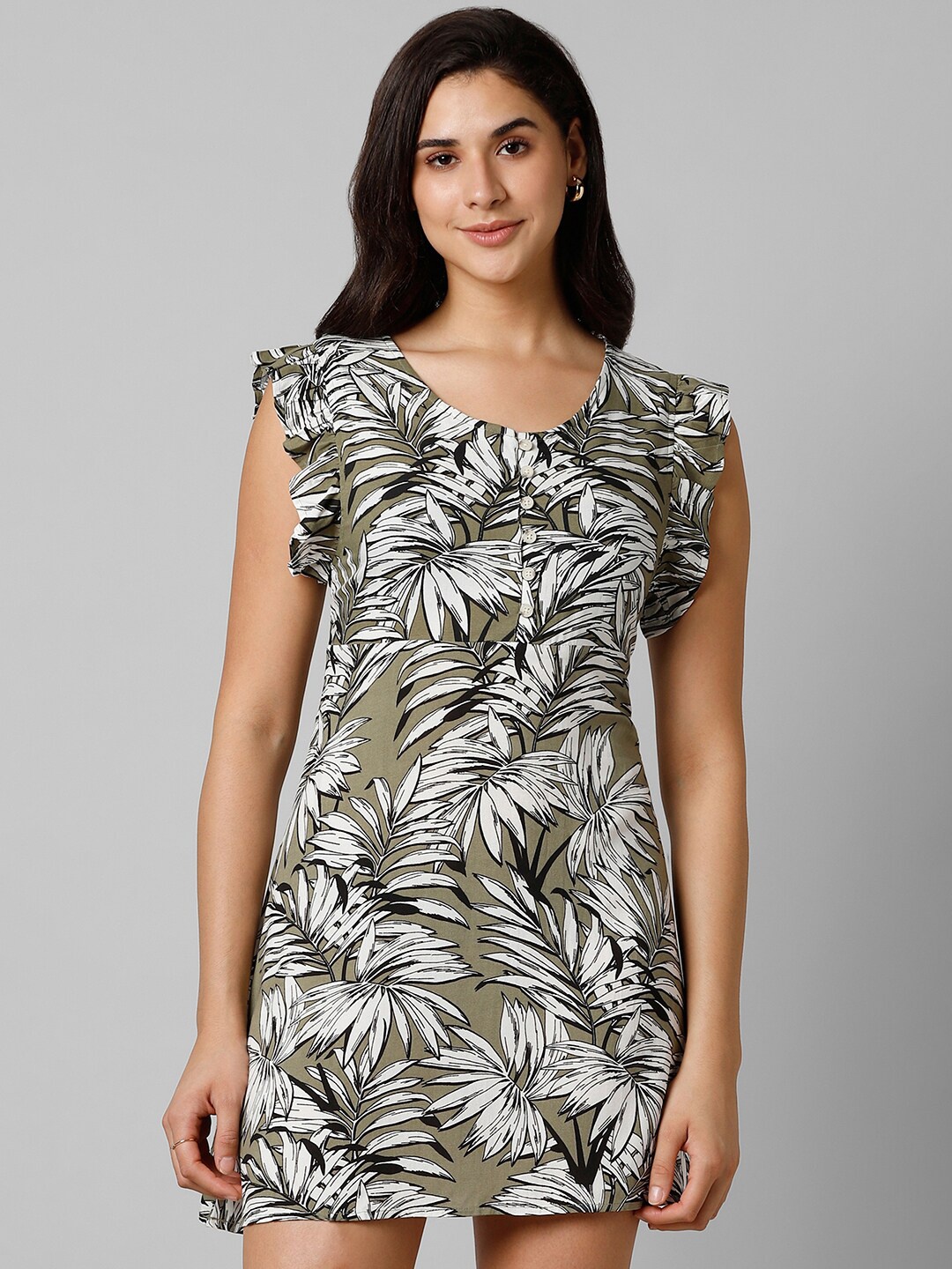 

Pantaloons Tropical Printed Flutter Sleeve A-Line Dress, Olive