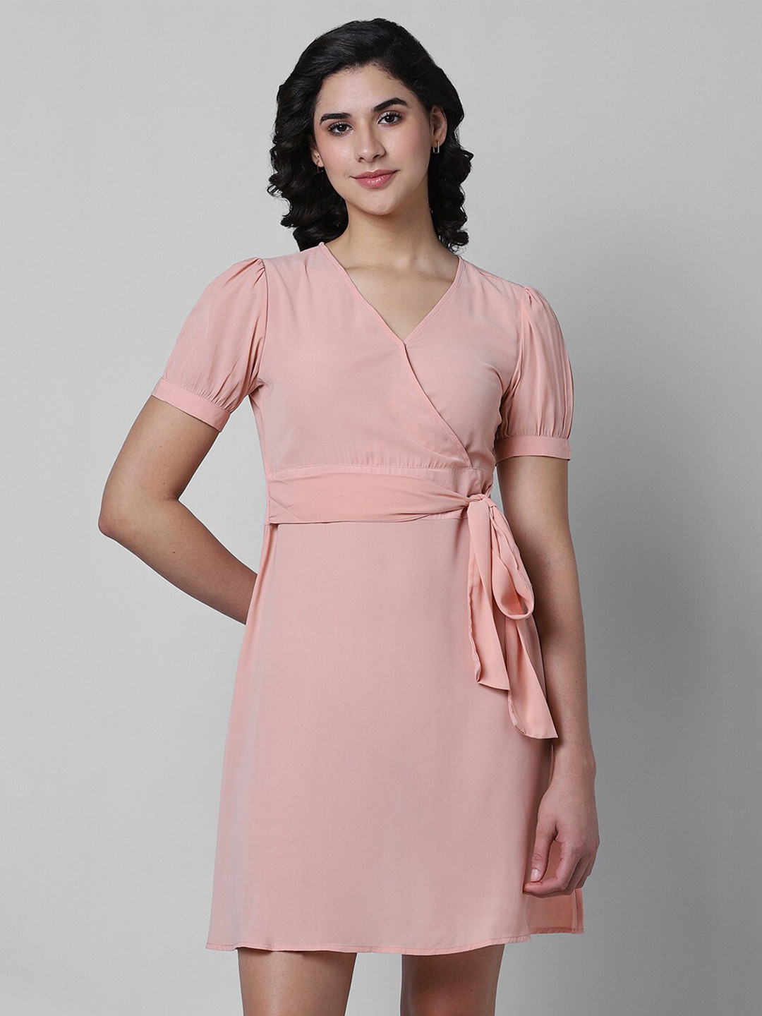 

Pantaloons Puff Sleeve Tie-Ups Wrap Dress, Peach