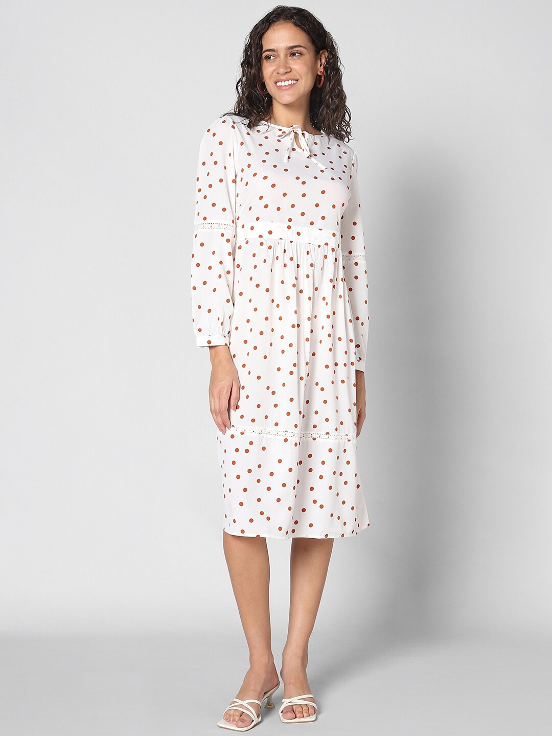 

Pantaloons Polka Dots Printed Tie-Up Neck Fit & Flare Dress, White