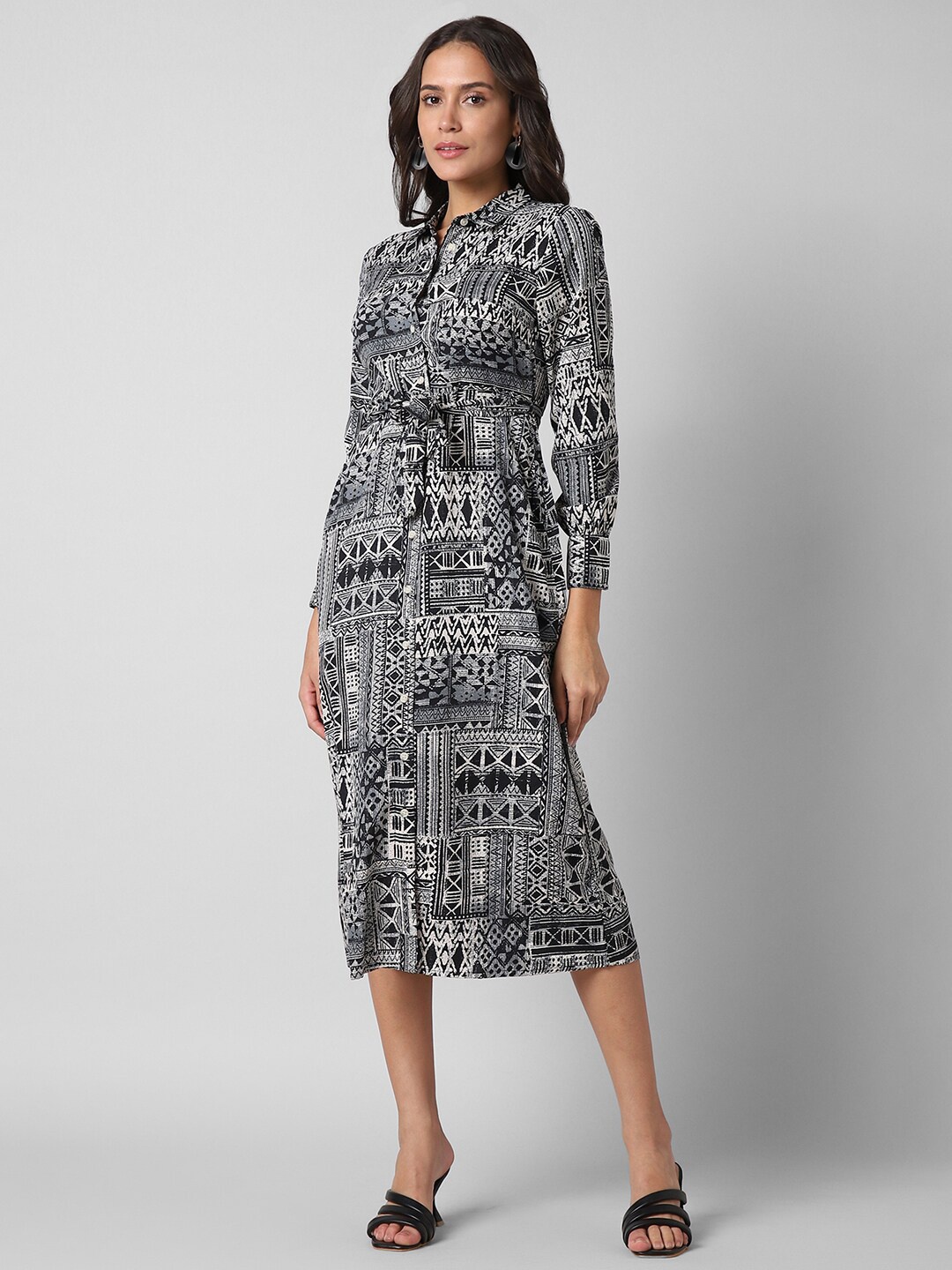 

Pantaloons Ethnic Printed Shirt Style Midi Dress, Black