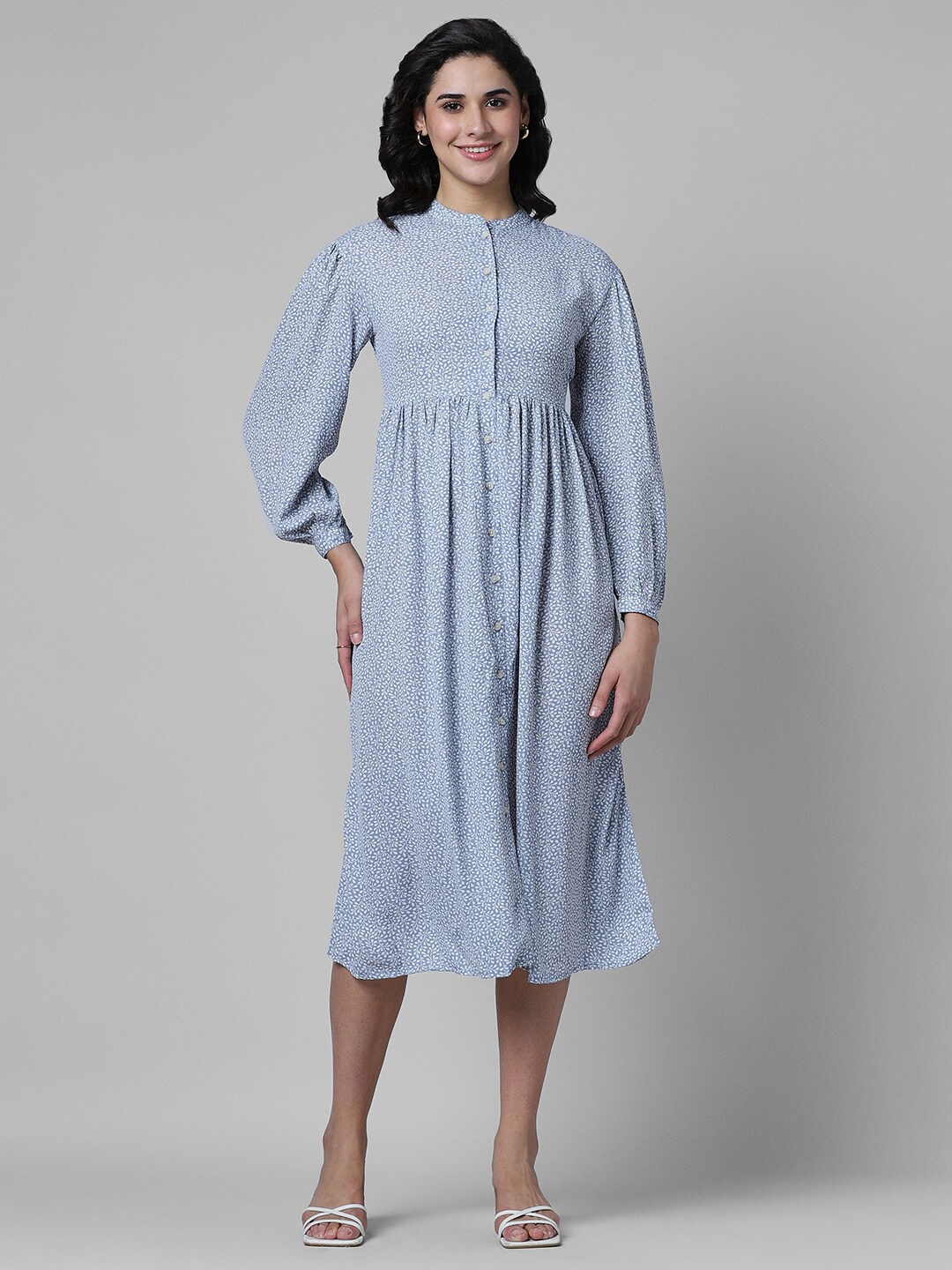 

Pantaloons Floral Printed Puff Sleeves Fit & Flare Midi Dress, Blue