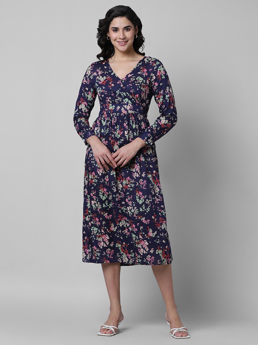 

Pantaloons Floral Printed Puff Sleeve Fit & Flare Midi Dress, Navy blue