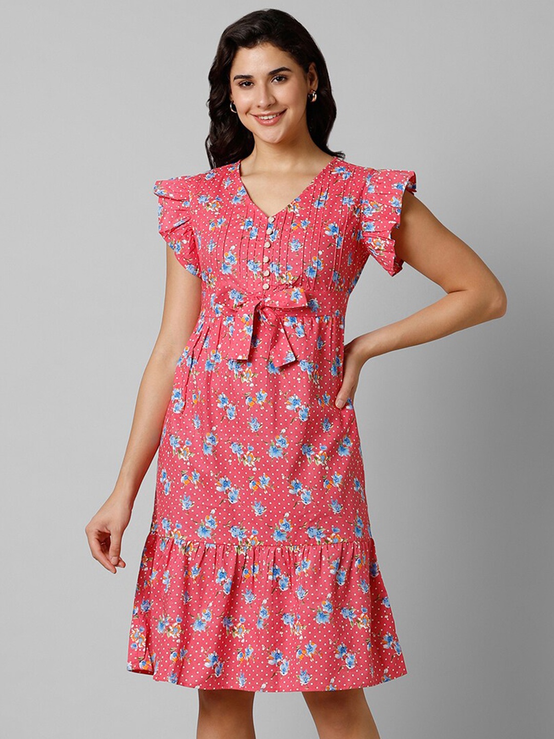 

Pantaloons Floral Printed Flutter Bow Detailed Sleeve Pure Cotton A-Line Dress, Pink