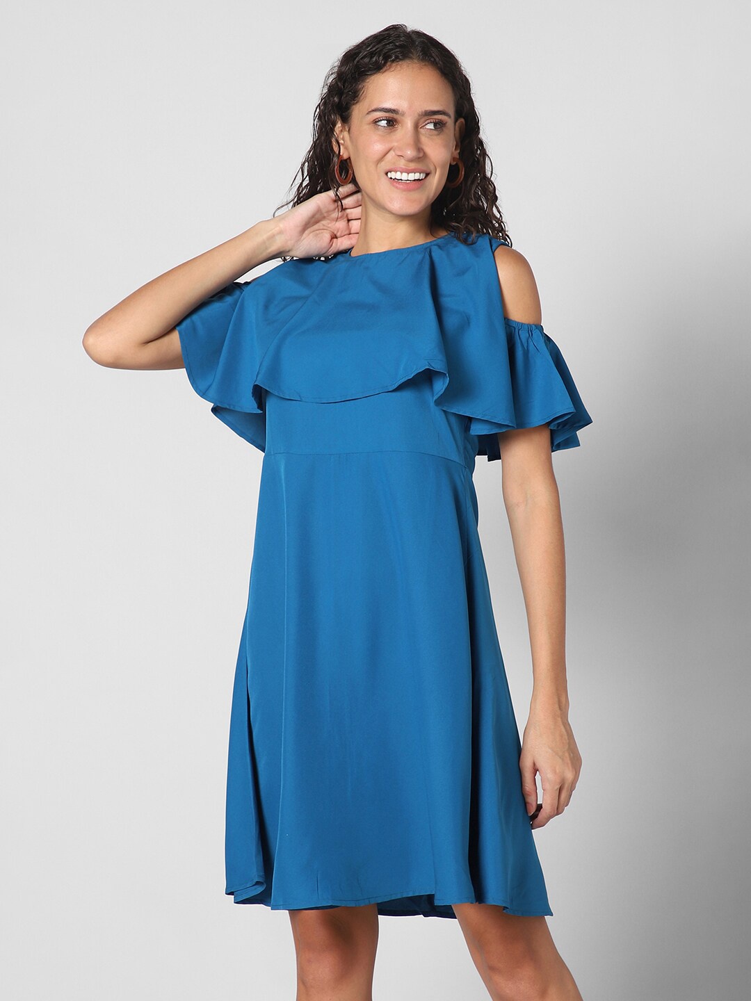 

Pantaloons Cold-Shoulder Sleeves A-Line Above Knee Dress Dress, Blue