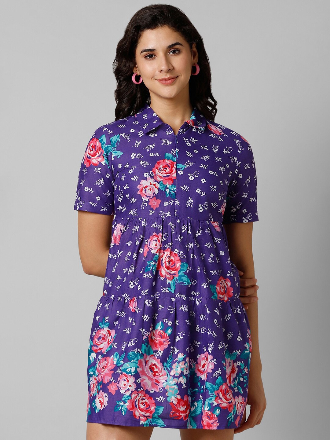 

Pantaloons Floral Printed Shirt Collar Pure Cotton Fit & Flare Mini Dress, Purple