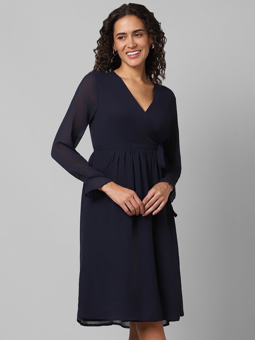 

Pantaloons V-Neck Wrap Knee Length Dress, Navy blue