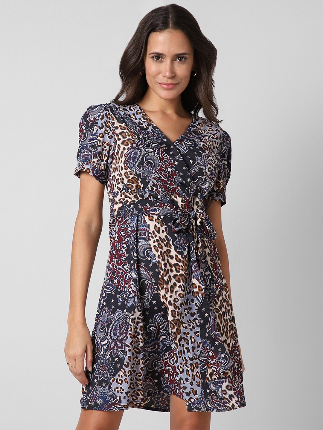 

Pantaloons Animal Printed Tie-Ups Wrap Dress, Navy blue